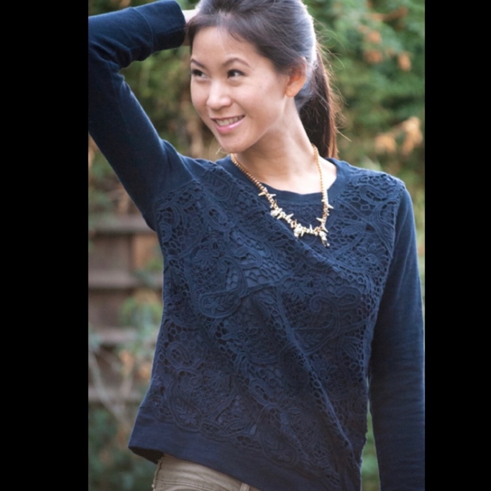 Boden Navy Lace Overlay Crew Neck Sweatshirt